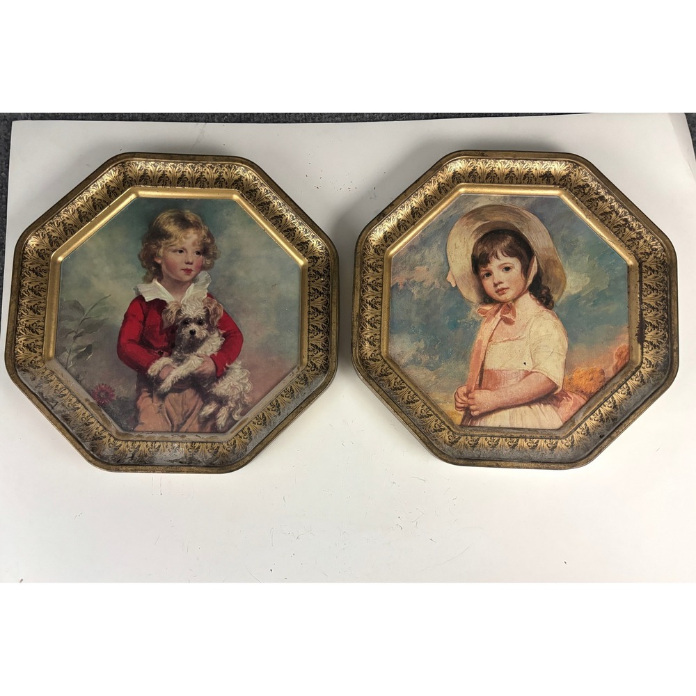 Vintage Victorian Style Child Portrait Tin Wall Plaques Set‎ of 2 Gold Tone